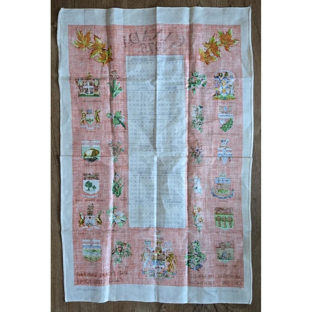 1975 Canada Calendar Tea Towel Linen Lamont N. Ireland‎ Provincial Crests NOS